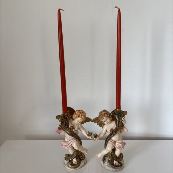 2 Vintage ITALY ANGEL Cherub Depose Figurines Candleholders Lenox Tiny Tapers - Picture 1 of 15